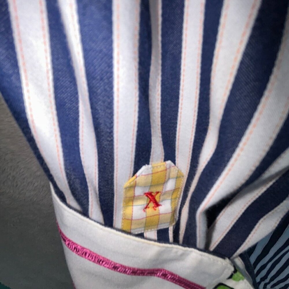 Robert Graham L Shirt Mens Large Navy Blue Striped Pink Flip Cuff Green Trim 100 - Picture 11 of 11